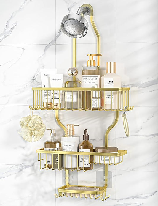YASONIC Never Rust Shower Caddy Hanging Organizer - Aluminum Over-the-Showerhead Rack With 10 Hooks for Razor/Sponge and Soap Basket - Gold