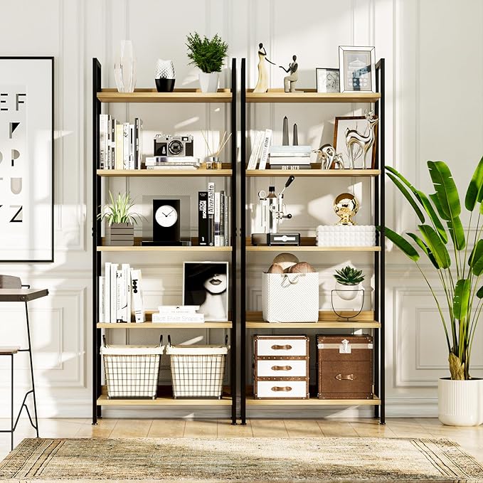 NUMENN Bookshelf, 5 Tier Bookshelves, Home Office Bookcase Shelf Storage Organizer, Free Standing Storage Shelving Unit for Bedroom, Living Room and Home Office, Natural | Metal Frame & Wood Shelves, Falling Prevention Baffle, Open Storage Bookcase for...