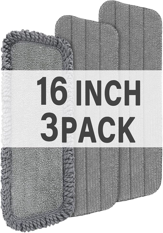 16.5 inch Mop Pads Refills, 3 Pack Microfiber Reusable Replacement Mop Pads Flat Replacements Heads for Wet Or Dry Floor Cleaning and Scrubbing, Grey Tassel