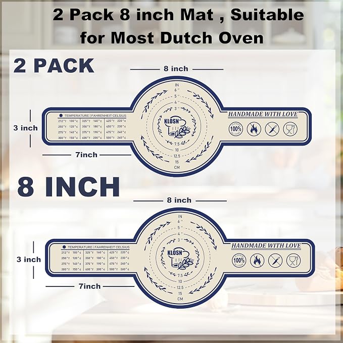 Silicone Bread Sling for Dutch Oven, 2 Pack (8" Round) – Non-Stick & 500°F Heat Resistant Sourdough Mat, Easy to Clean, Reusable Food-Grade Sourdough Slings – Fits 5 qt and up Dutch Ovens