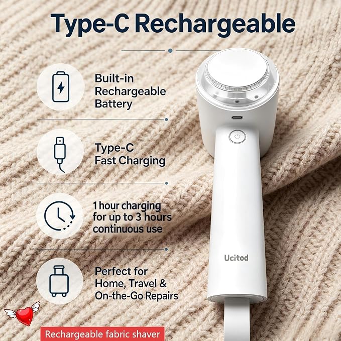 Ucitod2 in 1 Lint Remover Shaver and Lint Roller,Rechargeable Fabric Shaver | Long Battery,EasyClean,Multi-Fabric Compatible,Safe Fabric Shaver,Detachable transparent storage box,Fast Type Charging-white