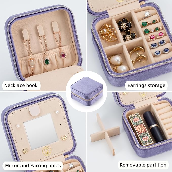 TRODANCE Plush Velvet Travel Jewelry Case Organizer, Small Travel Jewelry Box,Portable Jewelry Box Travel Mini Organizer Portable Display Storage Box For Rings Earrings Necklaces (Periwinkle Blue)
