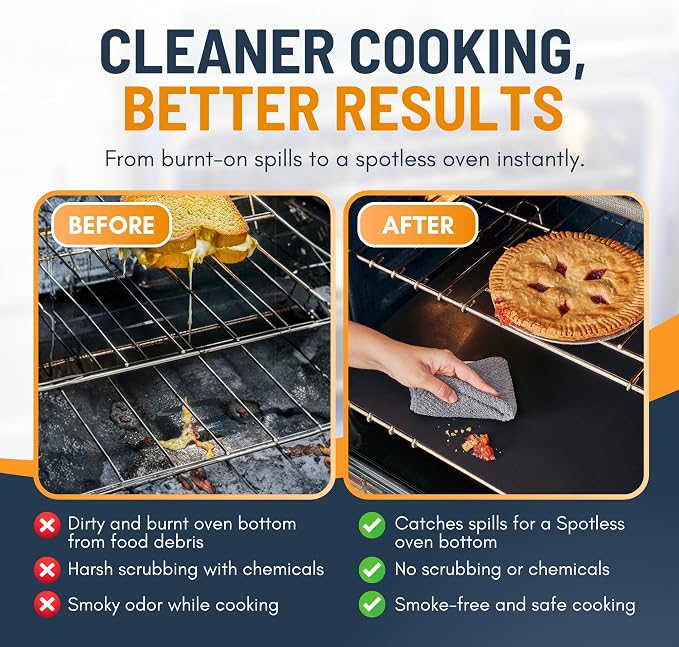 Oven Liners for Bottom of Oven - 4 Pack Large Heavy Duty Mats, 17”x25” Non-Stick Reusable Liner for Electric, Gas, Toasters, Grills - BPA & PFOA Free Kitchen Accessory to Keep It Clean (Black)