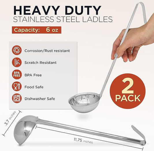 Fit Meal Prep [2 Pack] Stainless Steel Soup Ladle - One-Piece Sauce Spatula with Hook Handles, Commercial Grade Serving Spoon, Kitchen Tool for Restaurant or Home Cooking, Mirror Finish, 14.25" Long