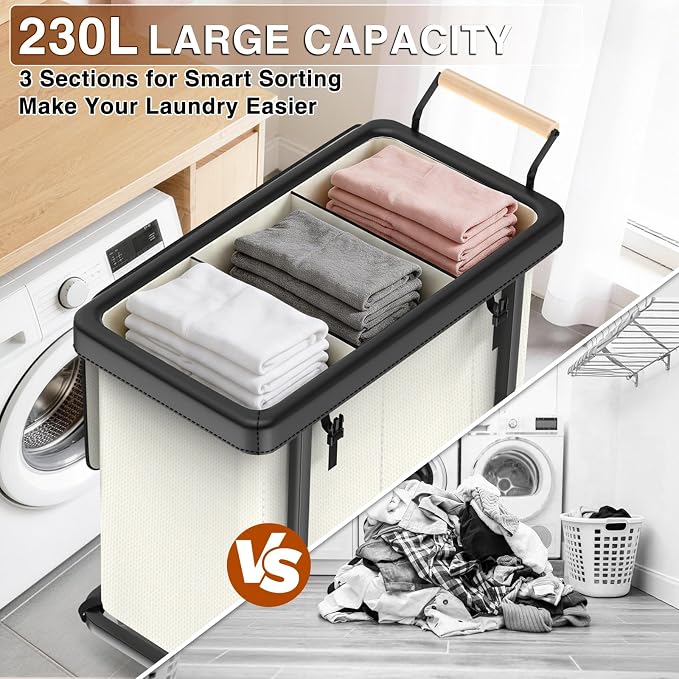 Rolling Laundry Hamper with Wheels,Laundry Hamper 3 Section with Lid Beige | Laundry Basket with Rolling Lockable Wheels and Handle, Laundry Basket Organizer for Laundry Room, Bedroom 60Gal