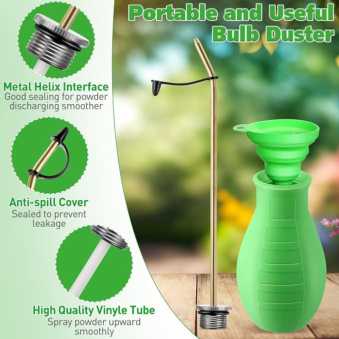 Diatomaceous Earth Powder Duster, 8OZ Garden Powder Applicator Dispenser with Long Metal Tube, Bulb Duster Sprayer for Home Organic Gardening Agricultural Supply(Green,1 Pack) | 8OZ bulb duster. Rust-resistant brass/aluminum tube. Smooth upward dischar...