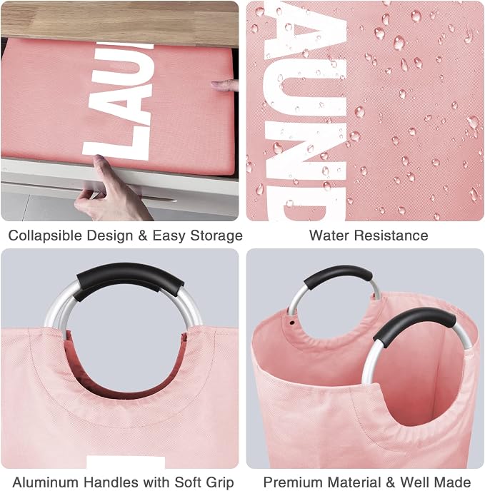 2-Pack XXL Laundry Basket, Big Laundry Hamper Bag with Handles, 130L Pink | Freestanding Tall Dirty Clothes Hamper, Collapsible and Portable Laundry Bin for Dorms and Bedrooms, Thick, Sturdy Fabric