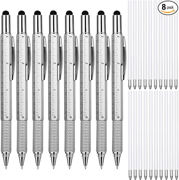 Zhanmai 8 Pcs 6 in 1 Multitool Pen Bulk Gift for Men Multi Tool Ballpoint Pen with Ruler Level Screwdriver Stylus Cool 20 Ink Refill Tool Gadget Birthday Christmas Stocking Stuffers for Adult (Silver)