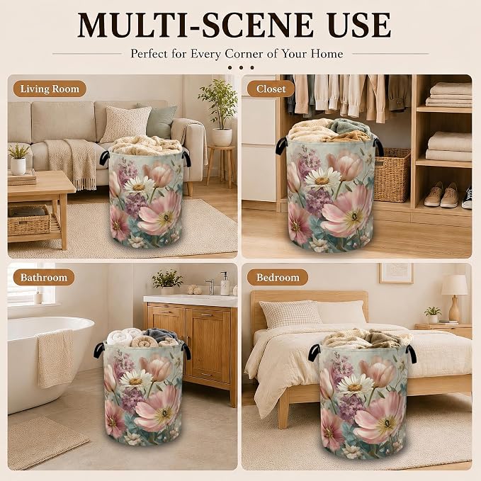 Pink Daisy Floral Large Laundry Hamper, Collapsible Oxford Clothes Basket with Handles, Freestanding Dirty Clothes Organizer for Bedroom Bathroom Dorm Laundry Room, 16 x 20.8 Inch