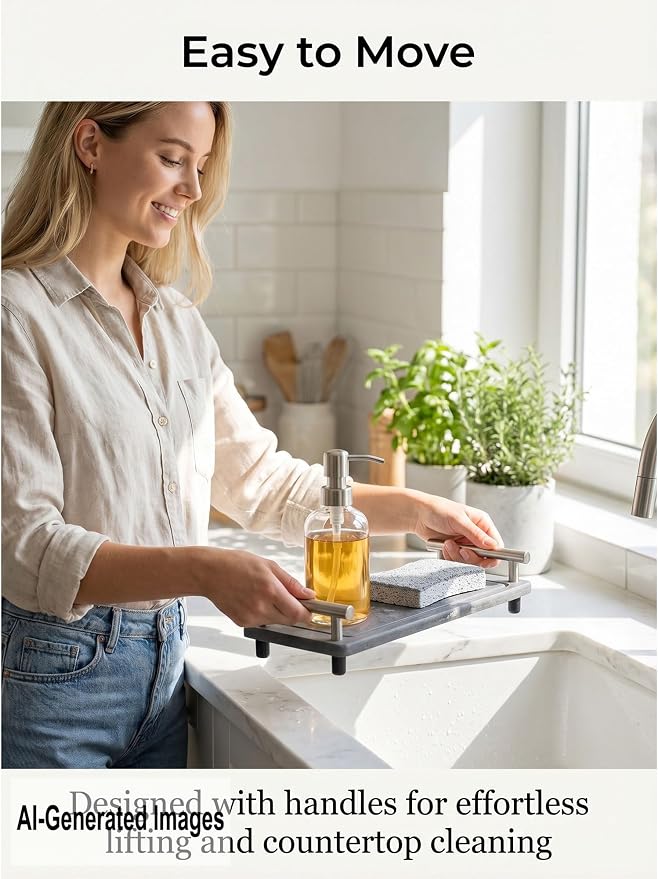 Instant Dry Sink Caddy Organizer,Diatomaceous Earth Bathroom Organizer with Handle Water Absorbing Stone Tray for Sink Water Absorbent Diatomite Coasters (S White Gold Handle)