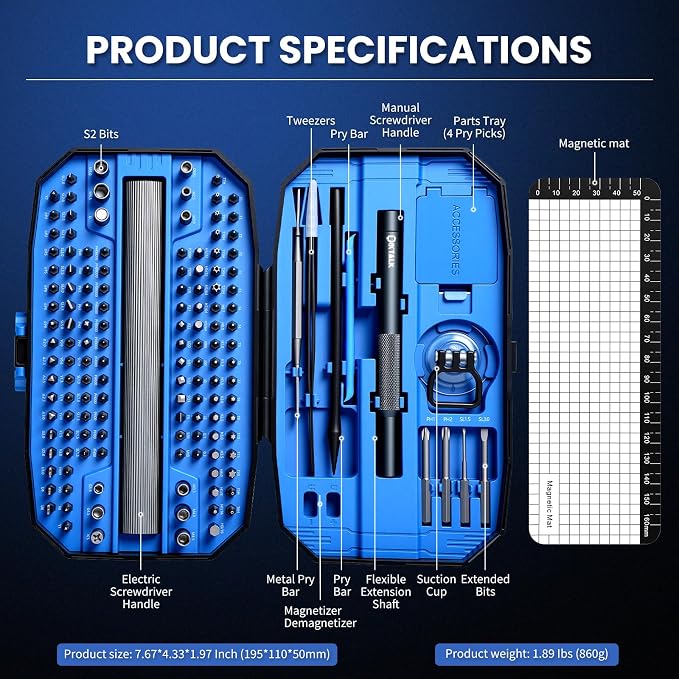 153PCS Precision Electric Screwdriver Set,Mini Magnetic Repair Kit with 140 S2 Bits,Rechargeable 3-Speed Electric Screwdriver,Manual&Electric Dual Mode,LED Light for iPhone,Laptop,PC,Electronics