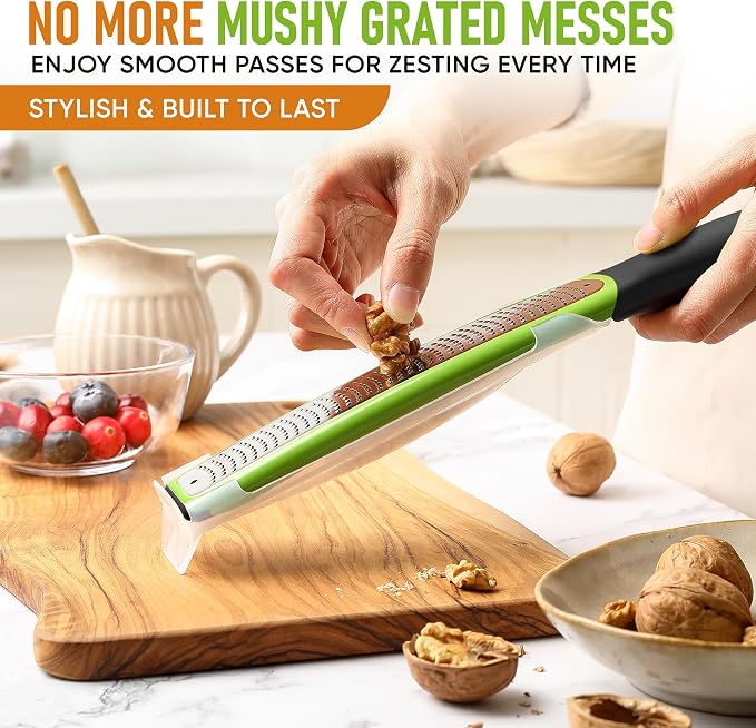 Spring Chef Premium Lemon Zester Grater with Handle - Orange, Garlic, Ginger, Nutmeg, Cheese Grater- Handheld Sharp Kitchen Tool - Stainless Steel Citrus Zester with Blade Cover - Fine Shred, Green