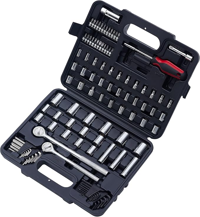 120-Piece Socket Wrench Set, 1/2 & 3/8-In Ratchet Kit | Includes SAE and metric deep sockets, spark plug socket, bits and hex keys. Professional auto repair mechanics tool kit