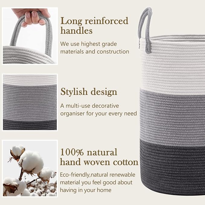 YOUDENOVA Cotton Rope Laundry Hamper Basket, 58L Blanket Basket for Nursery | Large Woven Laundry Hamper with Sturdy Handles, Collapsible Home Decor Laundry Basket for Laundry, Clothes, Toys in Bedroom