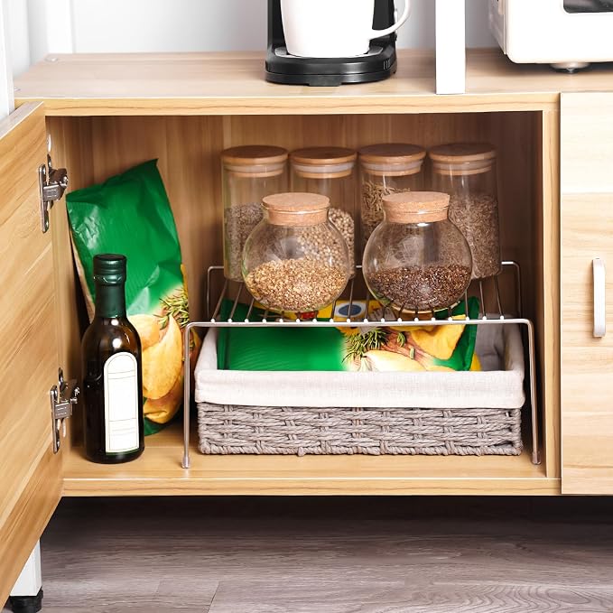 Tomorotec Space-Saving Stainless Steel Storage Rack, 12.8-22.8 in, Silver, Easy to Install, Versatile Design | Adjustable from 12.8 to 22.8 Inches Rustproof with Anti-Slip Feet for Pantry Bathroom Closet and Countertop Organization