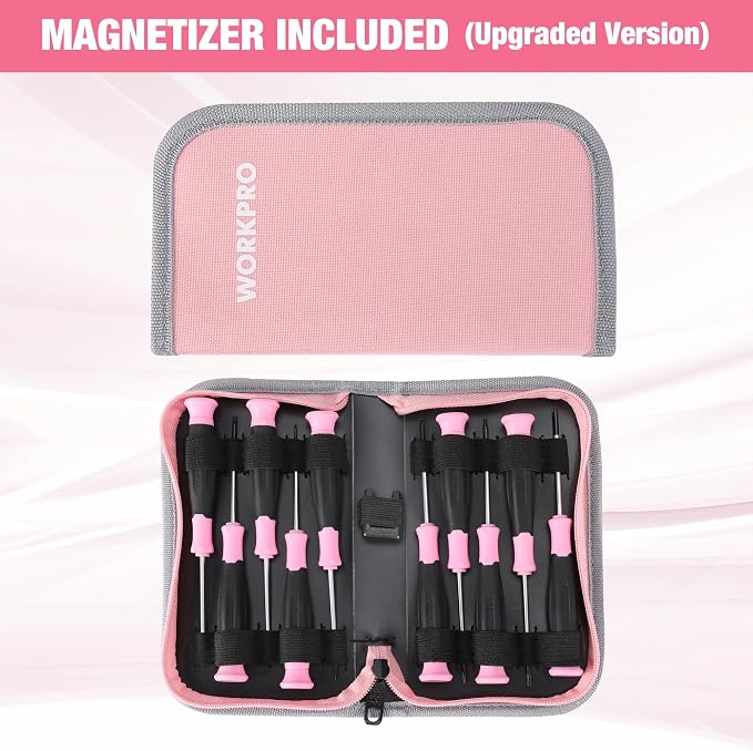 WORKPRO 10-Piece Precision Screwdriver Set with Pink Pouch- Pink Ribbon | Small Screwdriver Repair Kit with Phillips, Slotted, Torx Star, Magnetic Tip for Eyeglass, Watch, Computer, Laptop and Phone