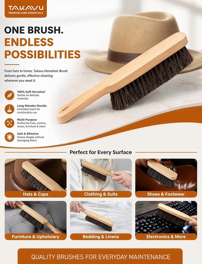TAKAVU 10.2in Horsehair Hat & Shoe Brush, Long Handle Felt Cleaner | Soft Bristle Dusting Wardrobe Brush for Lint, Pet Hair, Suits, Coats, Upholstery & Garments, Wooden Extended Grip