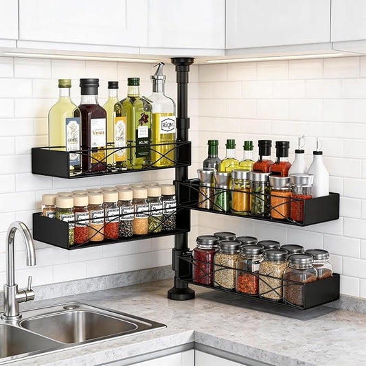 MIXOO Spice Rack Organizer Tension Pole, 4-Tier Adjustable Spice Organizer | 16.5-23.6 Inch, Seasoning Organizer for Countertop, Space-Saving Spice Storage Corner Shelf for Kitchen, Coffee Area,No Drill