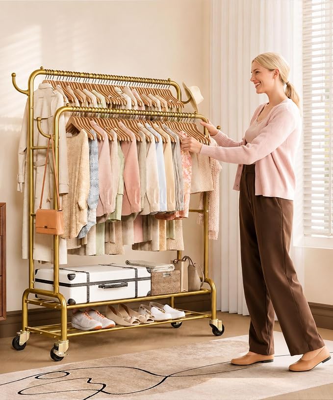 Homde Heavy Duty Clothes Rack: 265lb Rolling Double Rod Garment Hanging - Metal Coat Organizer Storage Display Shelf on Wheels for Bedroom Laundry