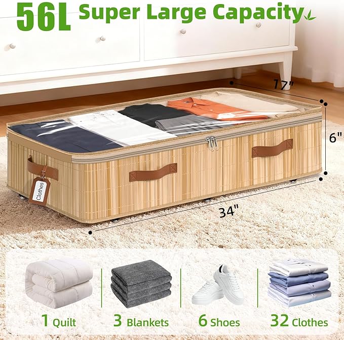 Livole 2 Pack Bamboo Under Bed Storage Containers with Wheels | Breathable Bamboo, Invisible Wheels, 6 inches Height, 56L Large Capacity, Easy Setup, Handles, Clear Lid