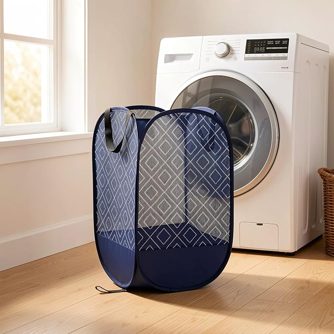 100L Extra Large Mesh Pop Up Laundry Hamper 2 Pack with Pocket and bag, Blue