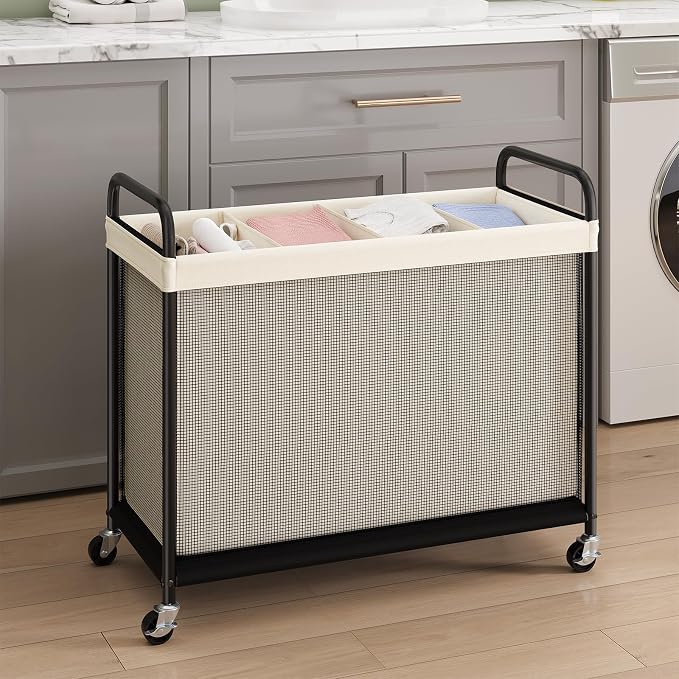 ELYKEN Laundry Hamper 4 Section, 140L Rolling Laundry Sorter with Wheels | Removable Washable Liner Bags, Sturdy Steel Frame and Metal Handle, 4 Divided Clothes Hamper Cart for Laundry Room & Bedroom
