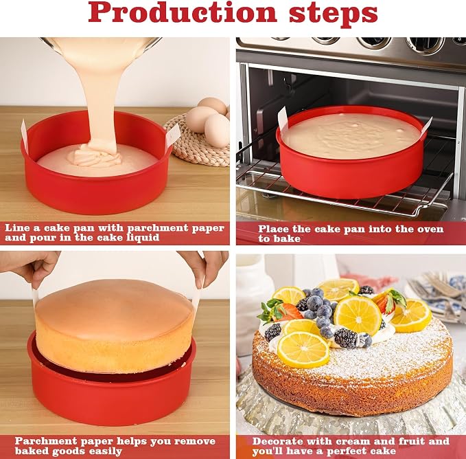 HUAKENER 10 Inch Round Cake Pan, 3 Pack Silicone Cake Molds with 100 Pieces Parchment Paper, Nonstick Cake Molds for Birthday Cakes, Layer Cakes, Cheese Caks, Chocolate Cakes