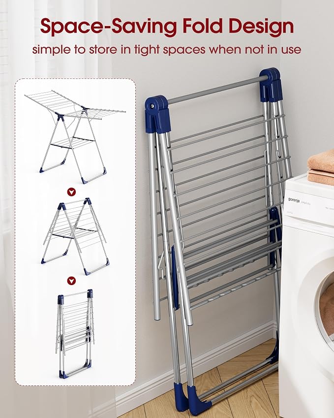 Sakugi Clothes Drying Rack, 55.5" Adjustable Wings, Foldable Design | Laundry Room, Bedroom, Outdoor & Indoor Use, Height Adjustable, Collapsible, Silver Blue, 55.5" L × 22.8" W