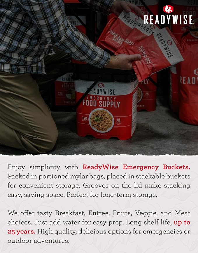 ReadyWise Emergency Food Supply - 84 Servings Breakfast & Entrée Bucket, Protein Meals, Dehydrated & Freeze Dried Food for Backpacking, Camping Essentials & Prepping Supplies, up to 25 Year Shelf Life