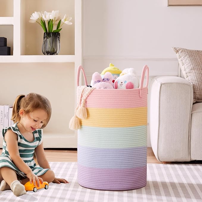 80L Large Rainbow Hamper Tall Woven Laundry Basket for Girls Kids | Clothes Hamper for Baby Nursery Toy in Playroom Blanket Basket for Living Room Bedroom 16"D x 22"H Pastel Unicorn