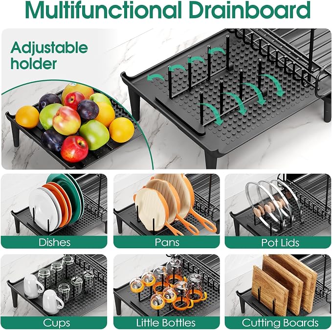 Urackify Dish Drying Rack for Kitchen Counter, Expandable 2 Tier Dish Rack, Large Capacity Dish Drainer with Drainboard Multifunctional Dish Strainer with Removable Cutlery Holder Black