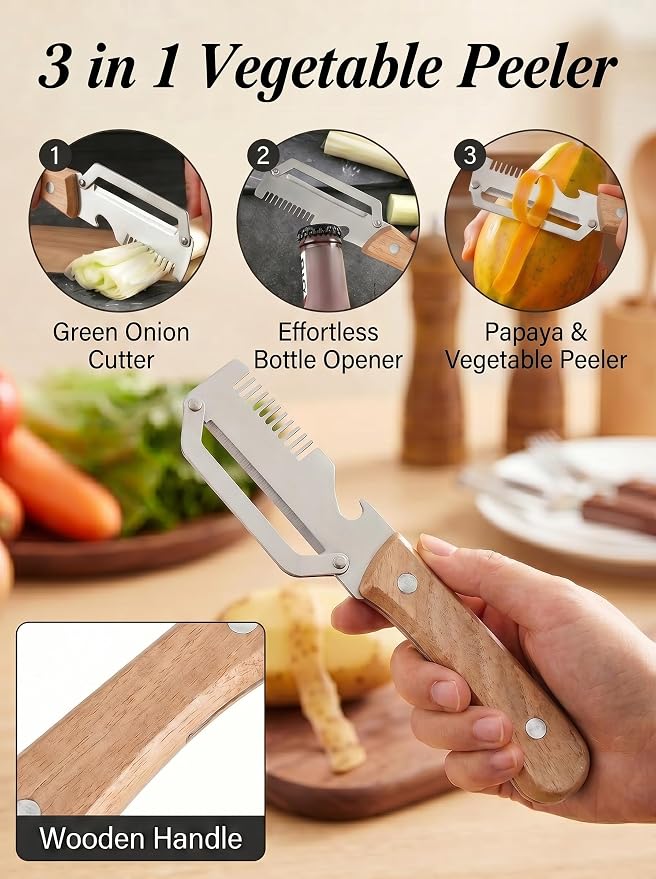 3 in 1 Multifunction Vegetable Peeler with Wooden Handle 3 Pcs | Bottle Opener Grater Veggie Stainless Steel Hand Held Peeler for Apple Potato Pumpkin Carrot Fruit Peeler for Kitchen Picnic