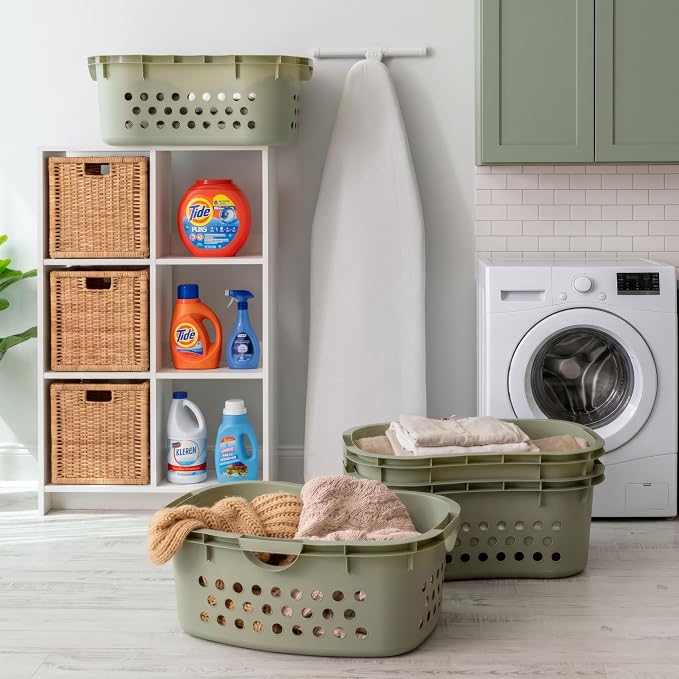 IRIS USA Laundry Basket, 51L Plastic Hip Hold Hamper, 4 Pack, Sage Green | Lightweight ventilated laundry basket with hip-hold handles for everyday clothes, towels, and bedding.