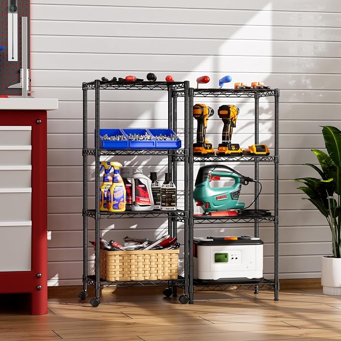 SINGAYE Small Wire 4 Adjustable Shelves Pantry Metal Shelf Floor Organizer | Armoire Adjustable Floor Kitchen Narrow Organizer Rack Shelving Short Square Stackable Standing Storage Tier Under Unit