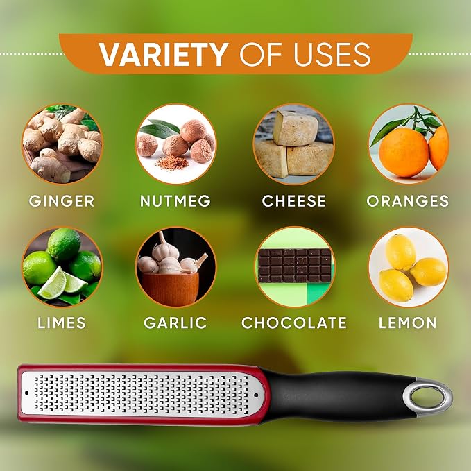Spring Chef Premium Red Lemon Zester Grater with Handle - Fruit, Garlic, Citrus, Nutmeg, Orange Zester Tool - Heavy Duty Kitchen Shredder - Stainless Steel Ginger Grater with Blade Cover - Fine Shred