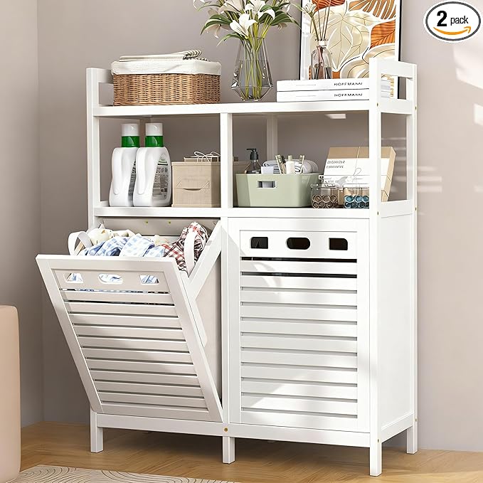 VASMIA Tilt Out Laundry Hamper Cabinet, Bamboo Double Laundry Hamper with 2 Removable Laundry Baskets, 20 Gal Laundry Sorter Organizer with Shelf for Dirty Clothes, Bathroom, Laundry Room, White