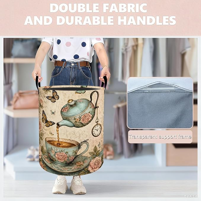 Vintage Floral Tea Laundry Basket Hamper 19.7"x15.8", Organizer Bins Gifts for Kids Boys Girls, Butterfly Teacup Foldable Waterproof Oxford Clothes Storage Bucket for Bedroom Bathroom Decor