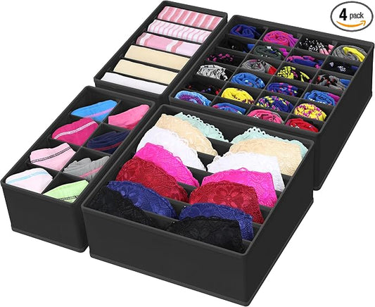 Simple Houseware 4-Pack Drawer Organizer Set for Underwear/Socks/Bra, Black | Closet Dividers for Underwear, Socks, Bras, Scarves, Ties - Foldable Non-Woven Storage Boxes