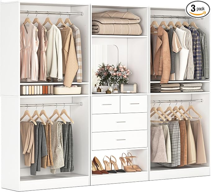 Unikito 98” Closet System with Mirror & 4 Drawers, 8.2FT Heavy Duty Wood Closet Organizer with 4 Hanging Rods, Large Walk-in Wardrobe Garment Rack with Adjustable Shelves, White