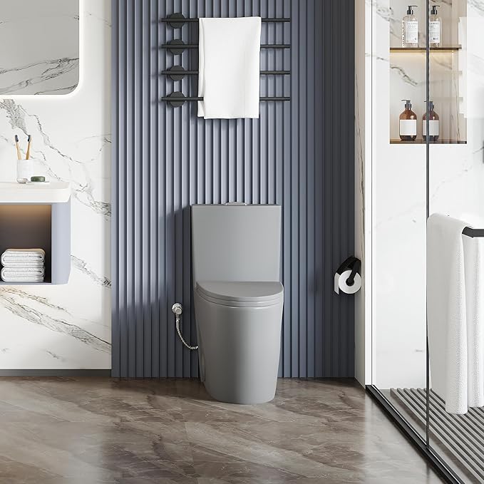 Eridanus Elongated One Piece Toilet with Powerful Siphon Dual Flush 1.1/1.6 GPF, 12" Rough-In Modern Bathroom Toilets with Comfort Soft Closing Seat Height 17", ADA Compliant Bowl, Light Gray