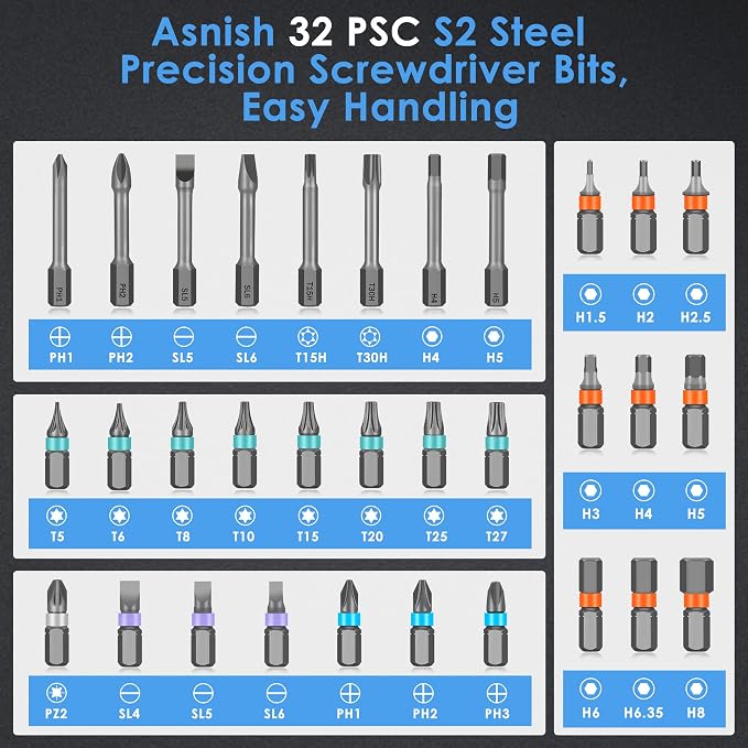 Asnish 34 in 1 Magnetic Screwdriver Set with Ratcheting Multi Bit | Repair Tool Kit with Interchangeable Bits, Precision Hand Tools for Electronics, Computer, Bike, Furniture & DIY Projects