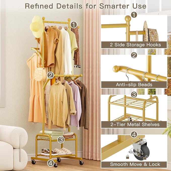 Rolling Clothes Rack with 2 Metal Shelves, 71" Portable Clothing Rack with Wheels, Small Garment Rack with 2 Side Hanging Rods, Freestanding Coat Rack for Laundry Room, Bedroom, Gold