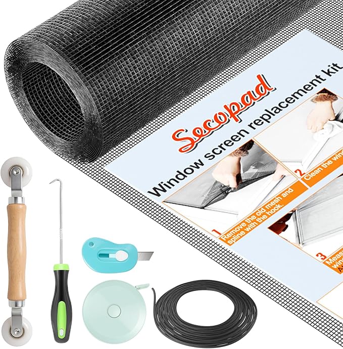 Secopad Window Screen Repair Kit, 48" x 118" Screen Door Mesh Replacement Kit, Durable Fiberglass Roll with Tools for Windows Doors Patio and Porch Replacement, Black