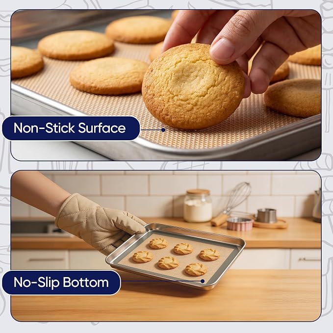 E-far Mini Silicone Baking Mat, 2-Pack Nonstick Reusable Silicone Mats for Toaster Oven Pan Baking Cookie, Fit 7”x9” Rectangle Sheet Tray for Bacon, Food Grade & Heat-Resistant & Dishwasher Safe, Gray