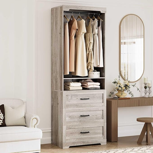 IRONCK Freestanding Closet System with 3 Wood Drawers, Modern Armoire Wardrobe with Adjustable Shelves & Hanging Rod, Walk-in Closet Systems Organizer for Small Closet, Rustic Maple