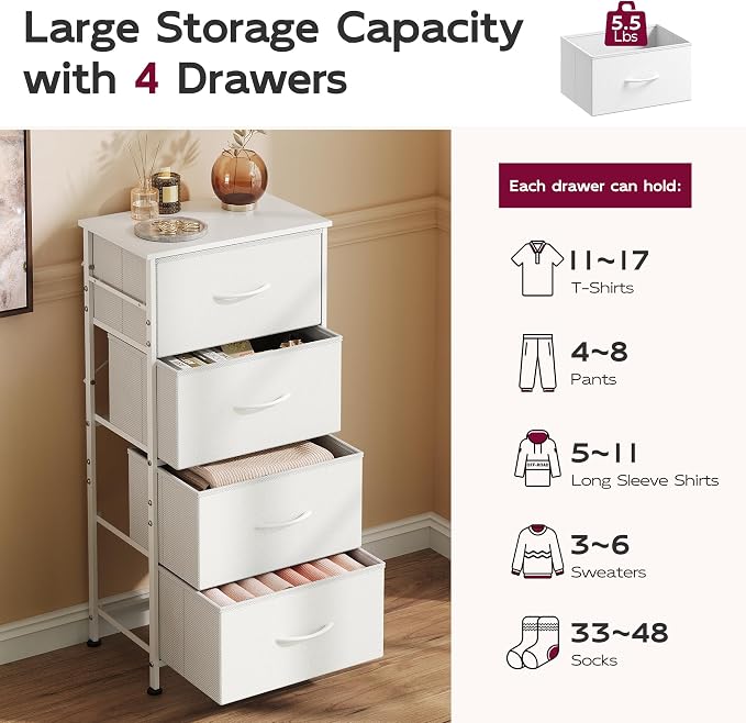 WLIVE Dresser with 4 Drawers, Storage Tower, Organizer Unit, Fabric Dresser for Bedroom, Hallway, Entryway, Closets, Sturdy Steel Frame, Wood Top, Easy Pull Handle, White