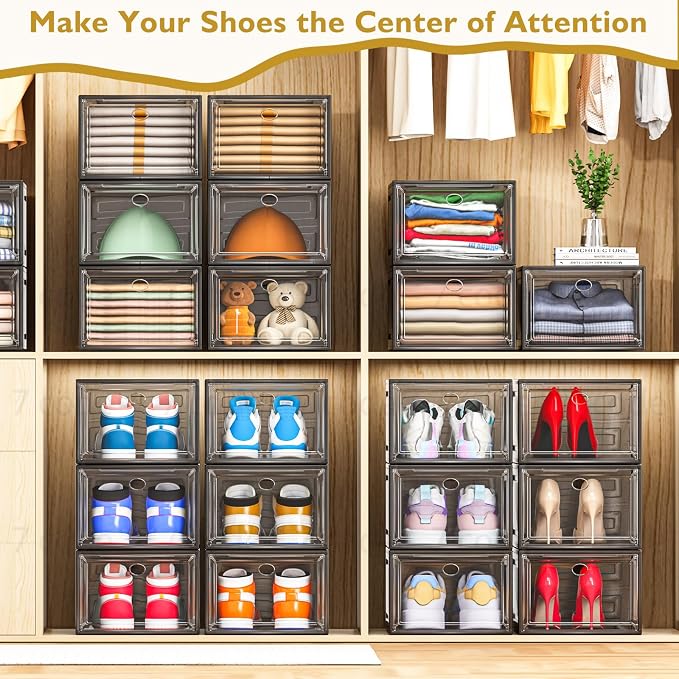 7 code Thicken & Sturdy Clear Shoe Storage Organizer with Magnetic Door, Stackable Boxes for Closet, Foldable Shoe Rack for Sneaker Boot Container, Plastic Shoe Cabinet Shoe Box 6 Pack, Black | Thick Plastic Shoe Storage for Sneakers & Boots, Collapsib...