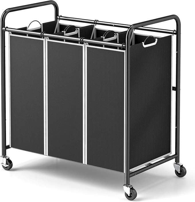 ROMOON Laundry Sorter Hamper 3 Section, Divided Laundry Basket Organizer | Rolling Clothes Hamper with Heavy Duty Lockable Wheels and Removable Bags for Apartment, Dorm & Family, 135L, Modern Black