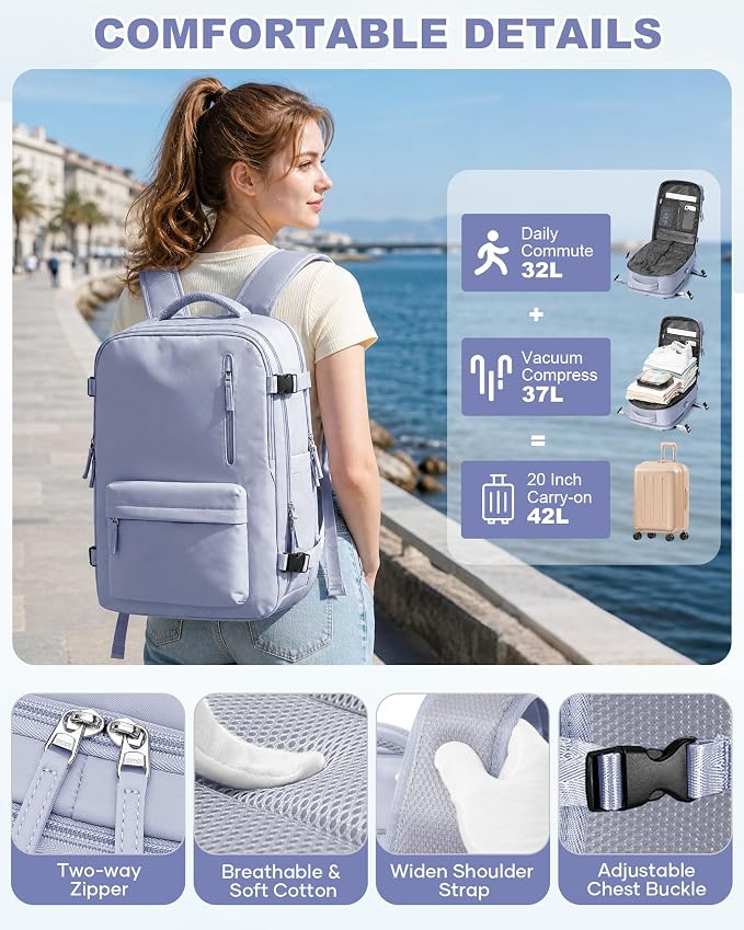 WONHOX Vacuum Seal Backpack for Travel with Air Pump 18x14x8 inches Vacpack Carry on Flight Approved Compression Daypack Laptop Space Saver Bag Storage with Vacuum System Travel Bags Women TaroPurple