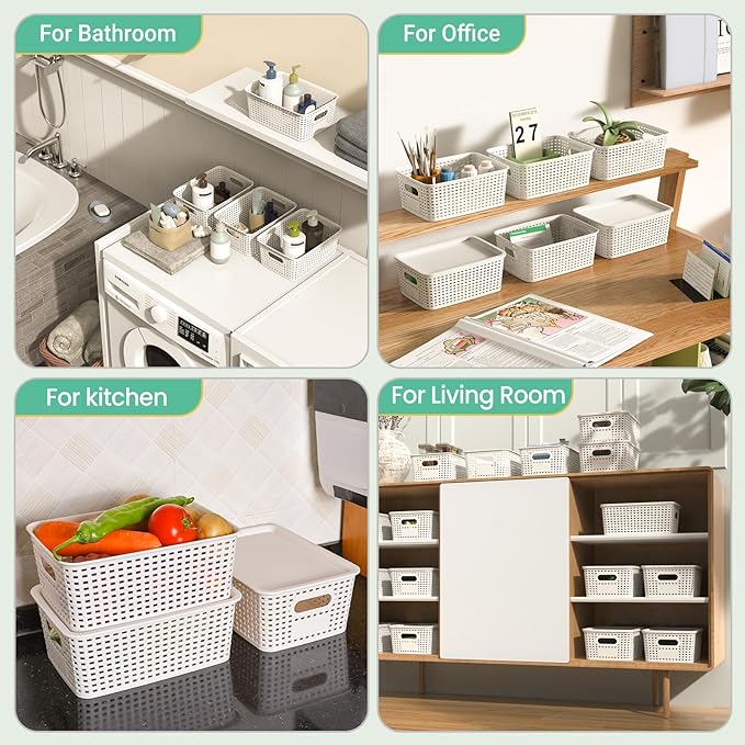 Plastic Storage Baskets with Lid-Plastic Storage Containers Stackable Storage bins: Storage Baskets for Organizing Shelves Drawers Desktop Closet Playroom Classroom Office,8 Pack-White10.2x7.2x4.1Inch